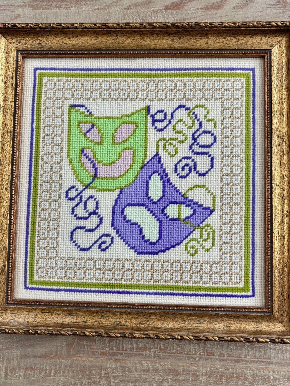 Vintage Hand‑Stitched Comedy & Tragedy Needlepoint – Gold Leaf Framed-Mardi Gras